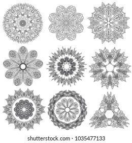 Set of abstract geometric  elements and shapes on white background. Sacred geometry, esoteric symbols. Use for banknote, currency, logos voucher or money design.