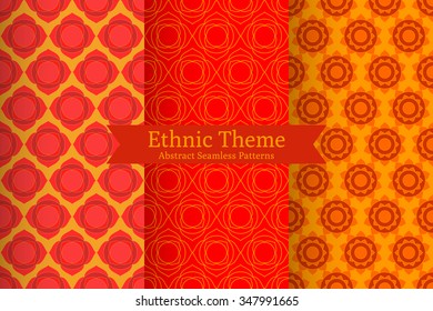 Set of abstract geometric ethnic backgrounds. Oriental Indian, Chinese, Buddhistic seamless patterns in vector. Red lotus flowers, chakras. Perfect for fabric, wrapping paper, invitations design