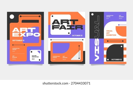 Un conjunto de carteles abstractos y geométricos para una exposición de arte, feria y exposición. Cuenta con una paleta de colores llamativos de naranja, púrpura y negro con tipografía moderna.
