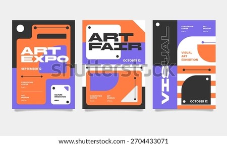 A set of abstract, geometric event posters for an art expo, fair, and exhibition. Features a bold color palette of orange, purple, and black with modern typography.