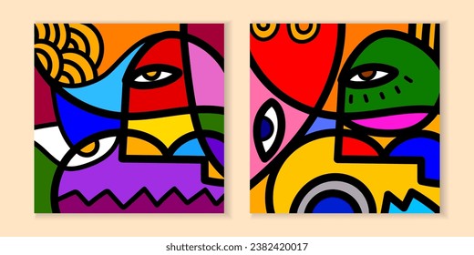 Set of abstract geometric face portrait hand drawn vector illustration. DEcorative, lines, design for wall art, prints, cards, poster, cover and decoration collection.