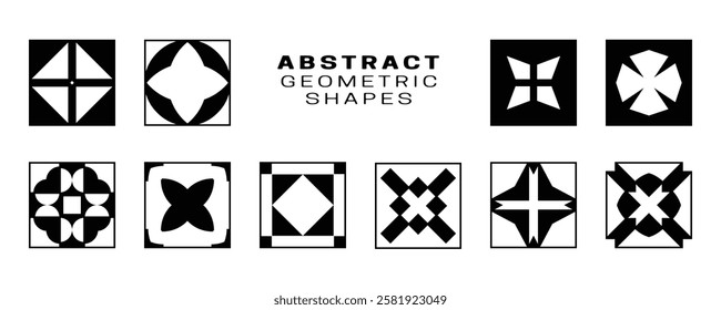 Set of abstract geometric figures with a balanced black contrast. Ideal for creating seamless patterns, digital artwork, branding elements, and stylish compositions.
