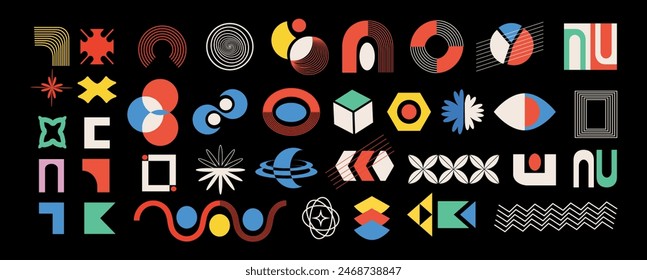 Conjunto de figuras geométricas abstractas de estilo brutalista. Minimalismo moderno. Modernismo. Bauhaus. Símbolos Y2k.Memphis diseño extraordinario. Círculos estupendos. Formas simples suizas 