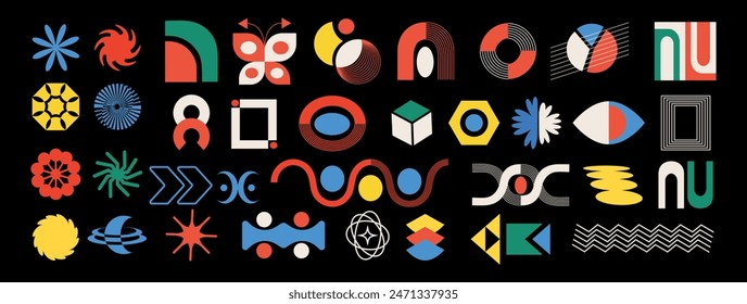 Conjunto de figuras geométricas abstractas de estilo brutalista. Minimalismo moderno. Modernismo. Bauhaus. Año 2000. Elementos de estética retro. Iconos futuristas. Memphis es un diseño extraordinario. Círculos estupendos. 