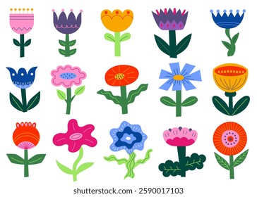 Set of abstract geometric flowers in a modern folk style. Minimalistic colorful flowers. Hand-drawn flowers with bold shapes, whimsical details, and vibrant hues, perfect for design projects.