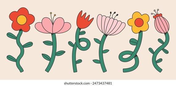 Set of abstract geometric flowers. Psychedelic floral squiggles. Naive art, groovy design. Colorful retro plants. Vector illustration