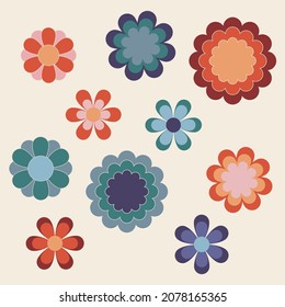 set of abstract geometric flowers. simple shapes, bright colors, hippie aesthetic. 1960s, 1970s, groovy botanical vector illustration, isolated