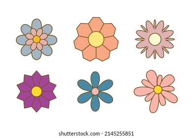Set of abstract geometric flowers in a simple linear style. Design templates, patches and stickers, background elements for print, branding, packaging, social media posts