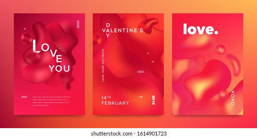 Set abstract geometric fluid elements for Valentine's Day. Futuristic design. Geometric fluid colors shapes. Love. Wedding. Passion. Template minimalist poster, card, wallpaper, print, web banner