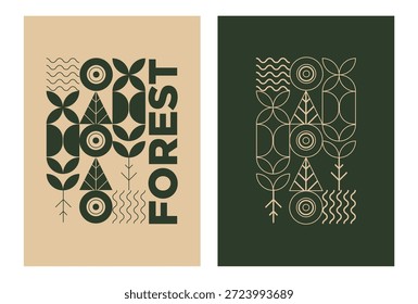 Conjunto de carteles de bosque geométricos abstractos en tonos tierra. Estilo minimalista de la Bauhaus con Formas de árbol de arte sólido y lineal. Diseño de Vector orgánico moderno para decoración de paredes, cubiertas y marca ecológica.