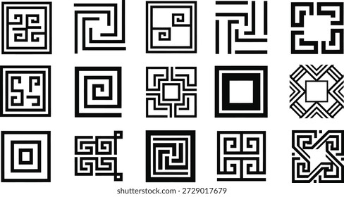 Set von abstrakten geometrischen griechischen Schlüssel und Labyrinth Stil Muster Schlüsselwörter griechische Schlüssel, Labyrinth, Muster, abstrakt, geometrisch, Design, Symbol