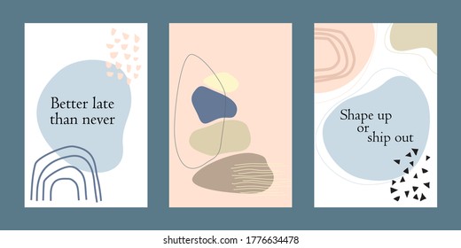 Set of abstract geometric hand drawn universal cards with organic pattern and place for text in pastel colors. Modern creative minimal design for greeting card, invitation, poster, banner, book cover.