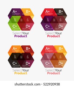 Set von abstraktem geometrischem Hexagon-Design mit Optionen und Text. Vektorgrafiken-Vorlagen