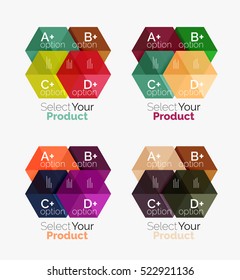 Set of abstract geometric hexagon design with options and text. Vector templates