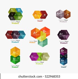 Set of abstract geometric hexagon design with options and text. Vector templates