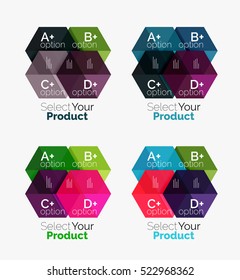 Set von abstraktem geometrischem Hexagon-Design mit Optionen und Text. Vektorgrafiken-Vorlagen