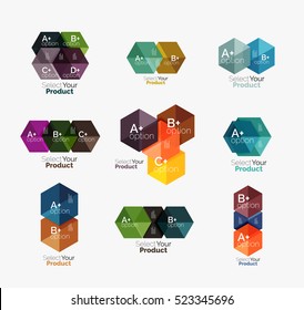Set von abstraktem geometrischem Hexagon-Design mit Optionen und Text. Vektorgrafiken-Vorlagen