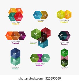 Set of abstract geometric hexagon design with options and text. Vector templates
