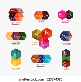 Set of abstract geometric hexagon design with options and text. Vector templates
