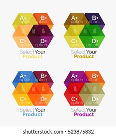 Conjunto de diseño abstracto de hexágono geométrico con opciones y texto. Plantillas de vectores