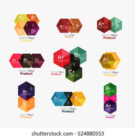 Set of abstract geometric hexagon design with options and text. Vector templates