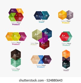 Set of abstract geometric hexagon design with options and text. Vector templates