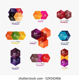 Conjunto de diseño abstracto de hexágono geométrico con opciones y texto. Plantillas de vectores