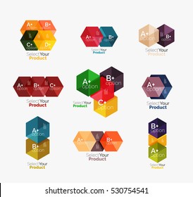 Set of abstract geometric hexagon design with options and text. Vector templates