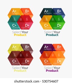 Set of abstract geometric hexagon design with options and text. Vector templates