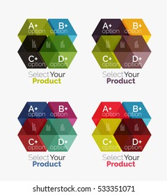 Set of abstract geometric hexagon design with options and text. Vector templates