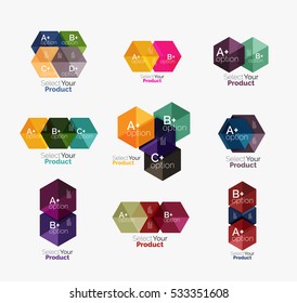 Set of abstract geometric hexagon design with options and text. Vector templates