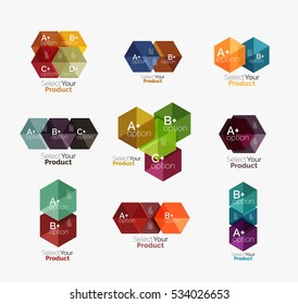 Set of abstract geometric hexagon design with options and text. Vector templates