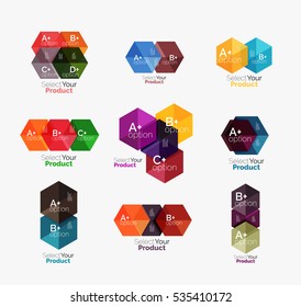Set of abstract geometric hexagon design with options and text. Vector templates