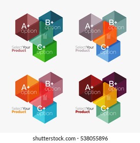 Conjunto de diseño abstracto de hexágono geométrico con opciones y texto. Plantillas de vectores