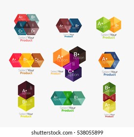 Conjunto de diseño abstracto de hexágono geométrico con opciones y texto. Plantillas de vectores
