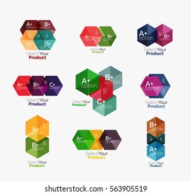 Set of abstract geometric hexagon design with options and text. Vector templates