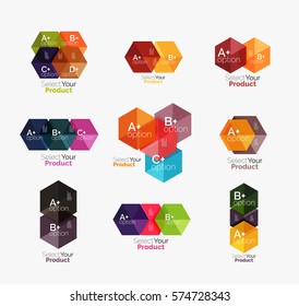 Set of abstract geometric hexagon design with options and text. Vector templates