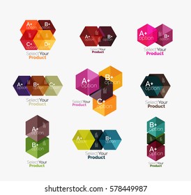 Conjunto de diseño abstracto de hexágono geométrico con opciones y texto. Plantillas de vectores