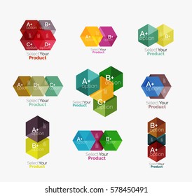 Set of abstract geometric hexagon design with options and text. Vector templates