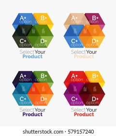 Set of abstract geometric hexagon design with options and text. Vector templates
