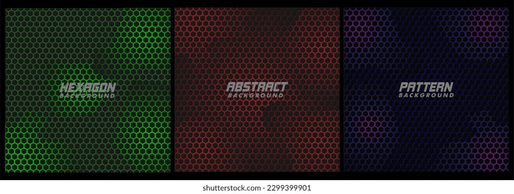 Set of abstract geometric hexagon pattern gradient green, red, neon background with copy space. Creative trendy color templates. Simple flat banner design isolated on black background