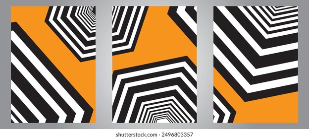 Set of abstract geometric hexagon pattern orange black white, simple background