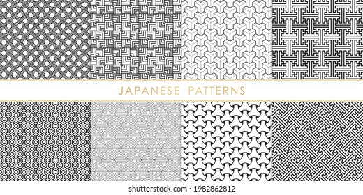 Set of abstract geometric japanese pattern black and white.Asian traditional background design for decorative,wallpaper; clothing; wrapping.Vector illustration.Eps10