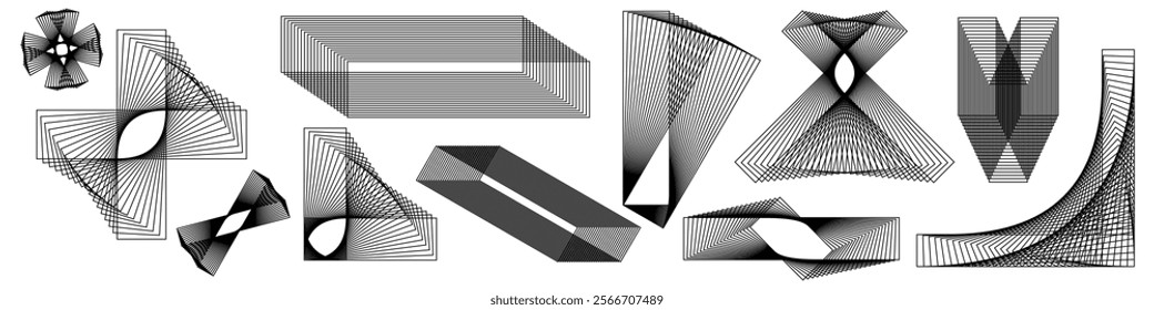 Set of Abstract Geometric Line Art Patterns, Modern Black and White Minimalist Linear Design Elements, Dynamic Square and Rectangular Shapes, Decorative Vector Illustration for Backgrounds