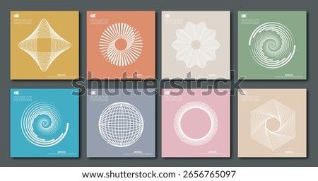 Set of abstract geometric line shapes in white on colorful square backgrounds, minimalist graphic style, displayed on dark surface. Concept of modern design. Vector illustration