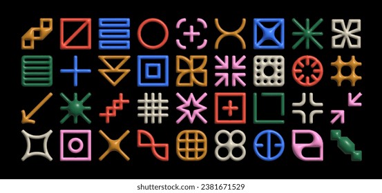  Set of  abstract geometric linear icons. Vector 3d shapes of arrows and grids in memphis style