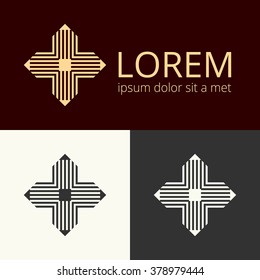 Set of abstract geometric logotypes. Square concept logo. Golden arrows.