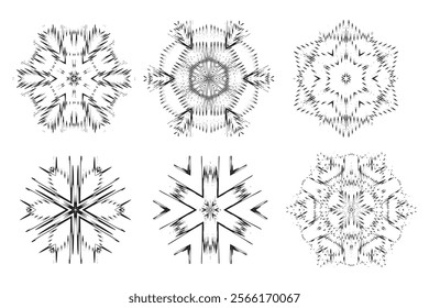 Set of abstract geometric mandala designs with sharp zigzag patterns in black and white. Symmetrical radial shapes for decorative elements, templates, and backgrounds