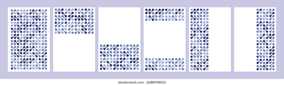 Conjunto de póster metaball geométrico Abstractas con puntos circulares conectados con líquido azul sobre un fondo blanco. Formas del círculo del Vector, Elementos del Vector de la mancha de Morphing para la marca, empaquetado, cubierta, Fondo de pantalla