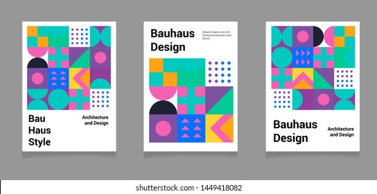 Set of abstract geometric minimal vector posters in neo-memphis/ bauhaus/ vaporwave style. Collection of retrofuturistic covers for club party, music concert. 